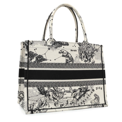 Exclusive Christian Dior Latte and Black Canvas Embroidered Zodiac Toile de Jouy Medium Book Tote — Side View