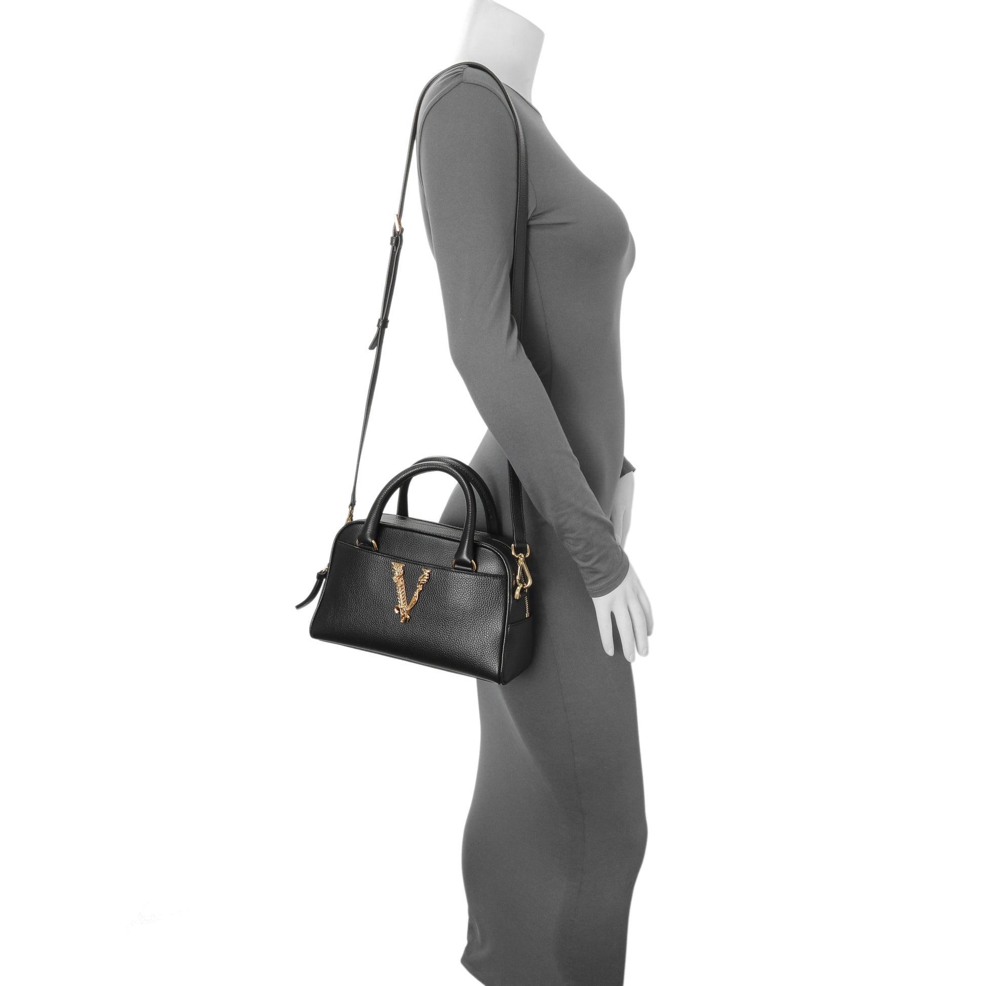 Exclusive Versace Black Grained Calfskin Virtus Small Bowling Bag — Alternate View 7