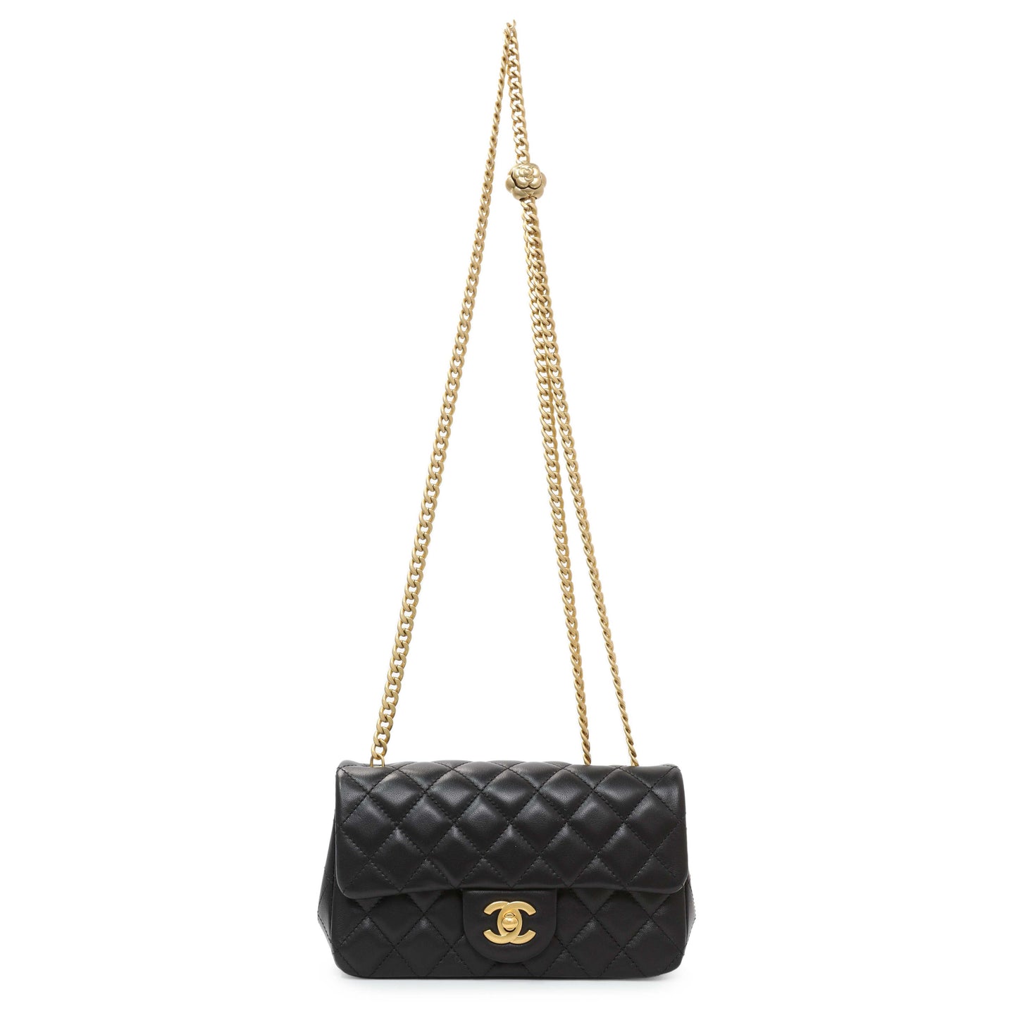 Exclusive Chanel Black Mini Rectangular Flap Bag with Camellia Adjusting Chain — Front View