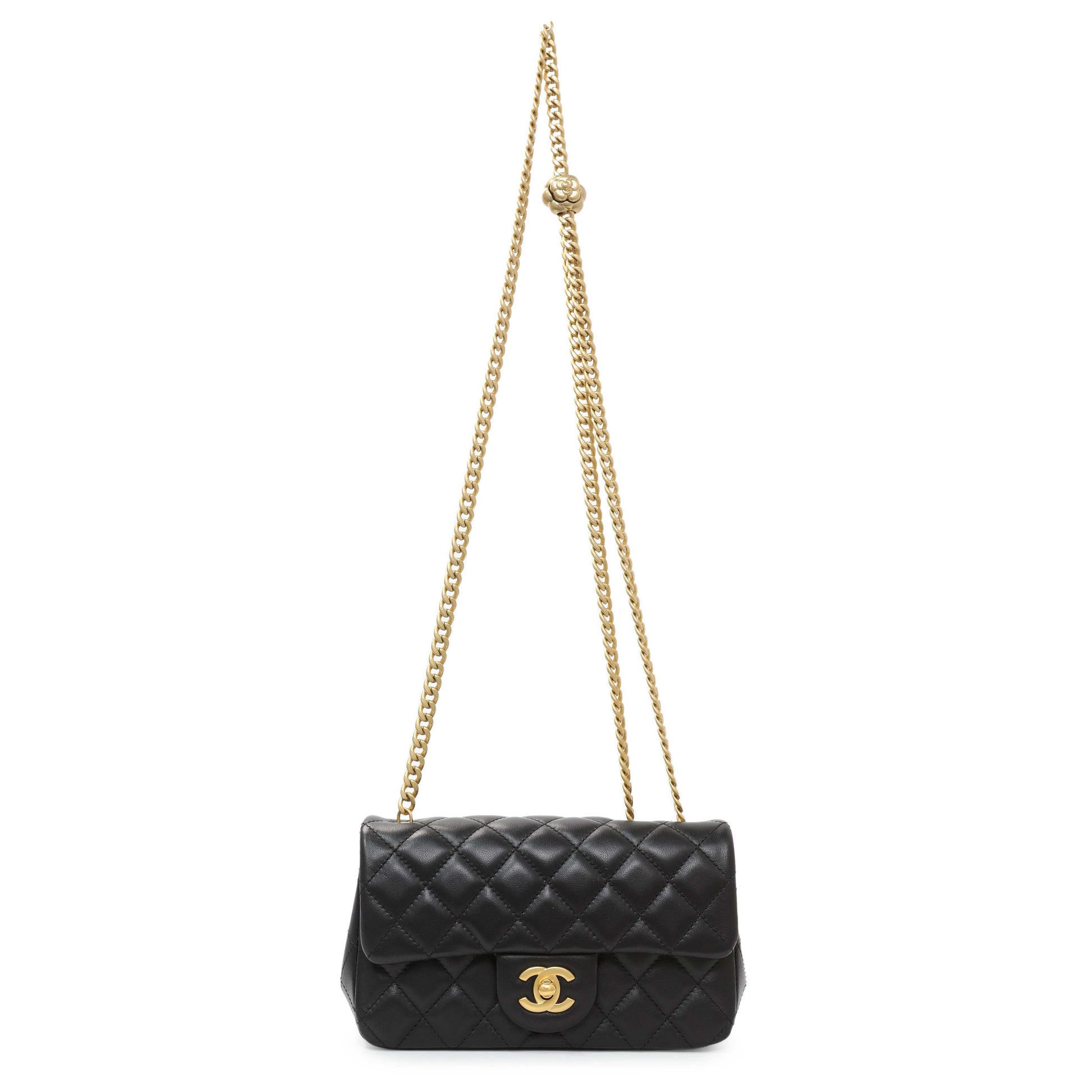 Exclusive Chanel Black Mini Rectangular Flap Bag with Camellia Adjusting Chain — Front View