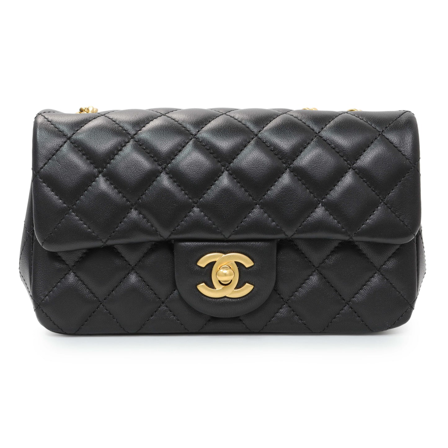 Exclusive Chanel Black Mini Rectangular Flap Bag with Camellia Adjusting Chain — Side View