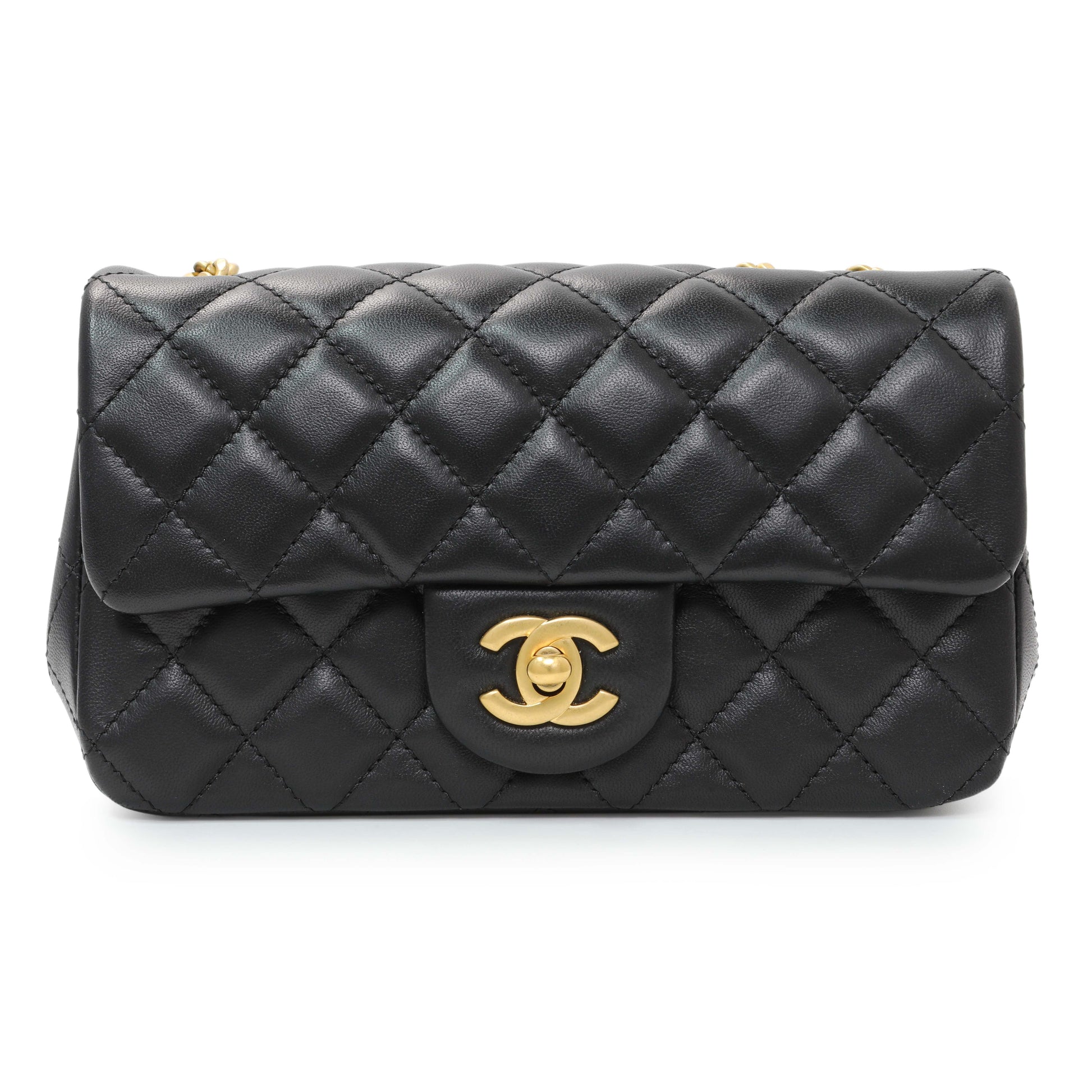 Exclusive Chanel Black Mini Rectangular Flap Bag with Camellia Adjusting Chain — Side View