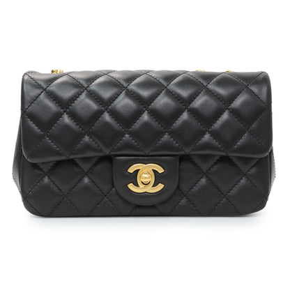 Exclusive Chanel Black Mini Rectangular Flap Bag with Camellia Adjusting Chain — Side View