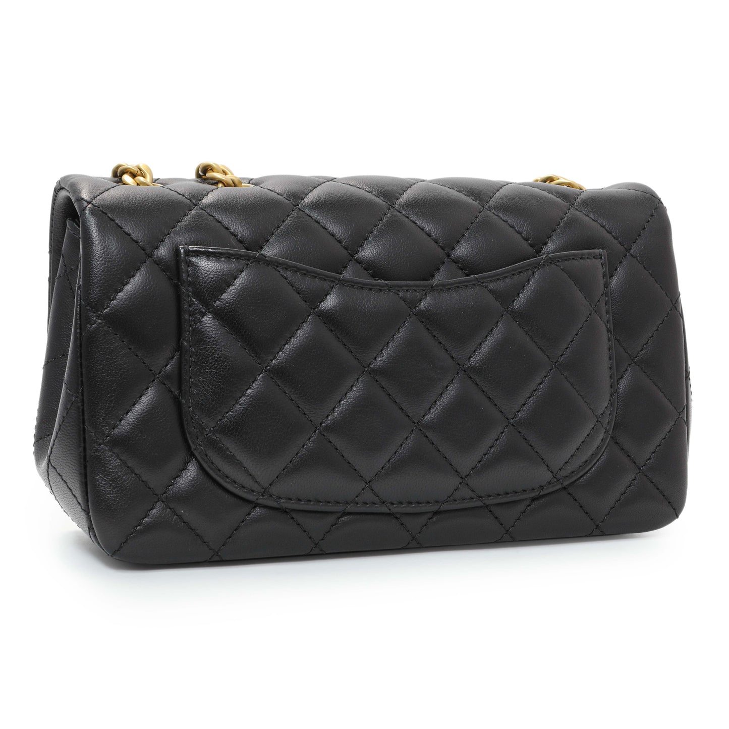 Exclusive Chanel Black Mini Rectangular Flap Bag with Camellia Adjusting Chain — Back View