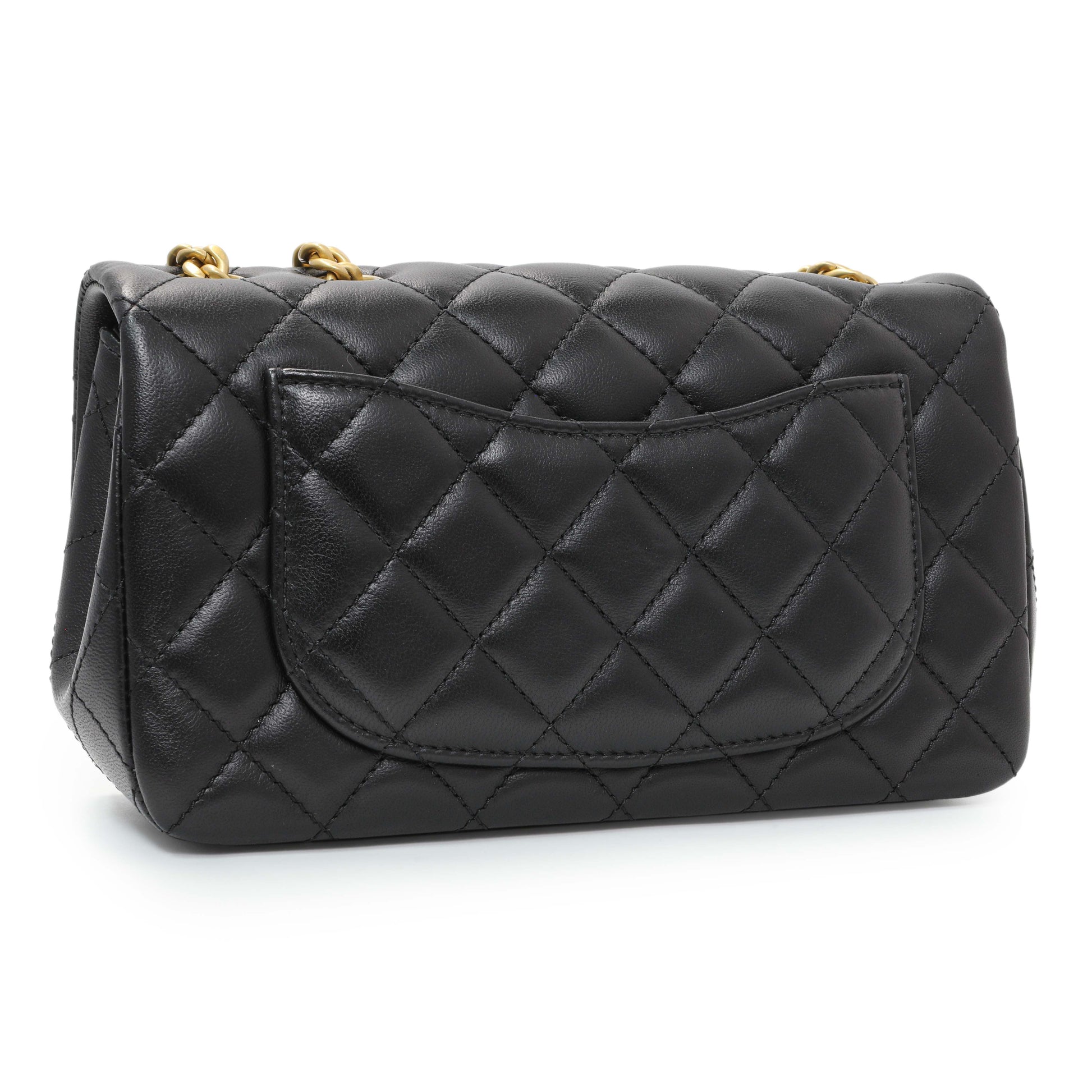 Exclusive Chanel Black Mini Rectangular Flap Bag with Camellia Adjusting Chain — Back View