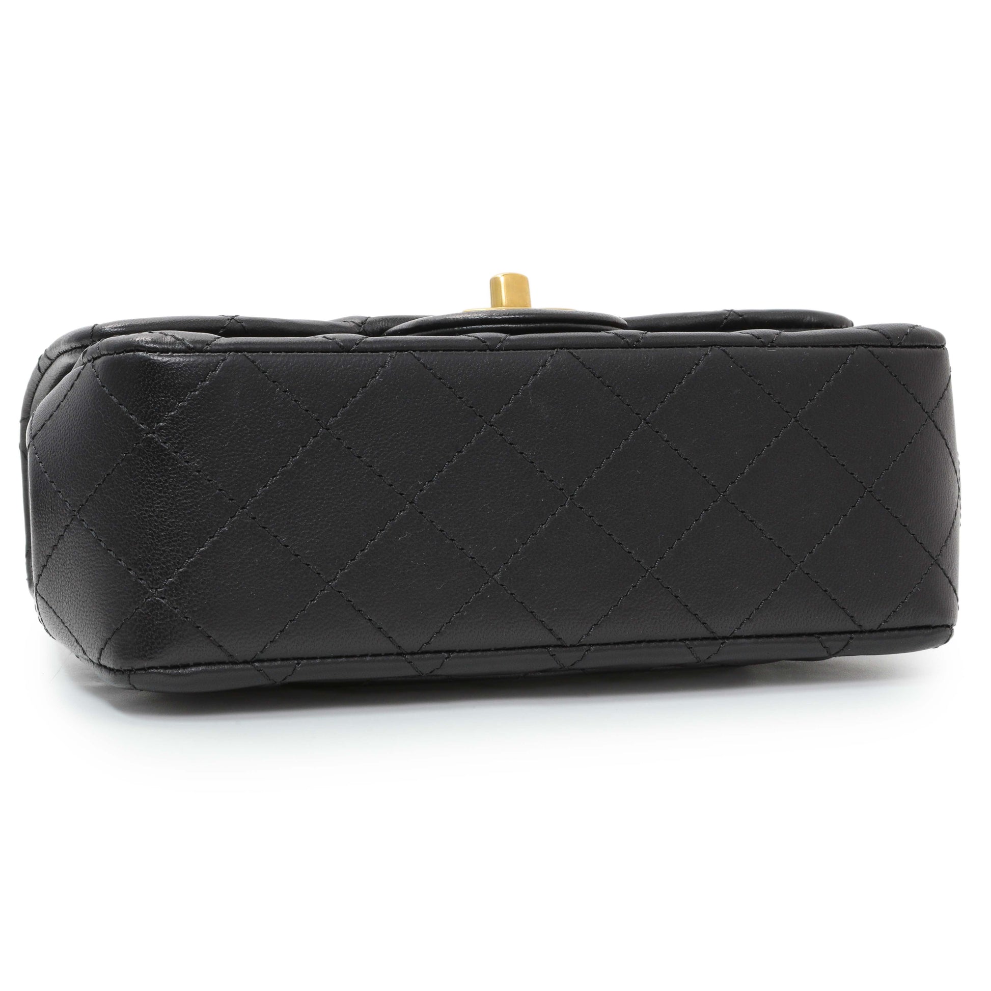 Exclusive Chanel Black Mini Rectangular Flap Bag with Camellia Adjusting Chain — Top View