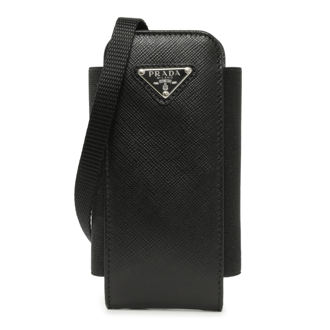 Exclusive Prada Black Saffiano Triangle Lanyard Phone Case — Front View