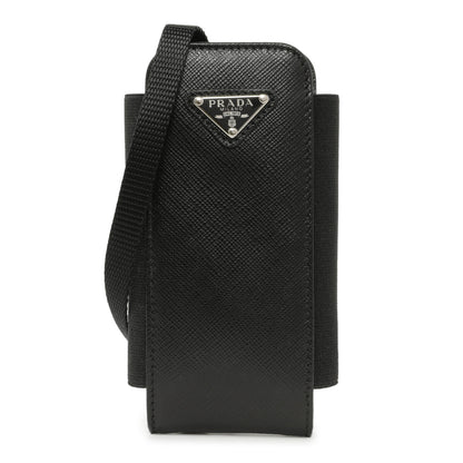Exclusive Prada Black Saffiano Triangle Lanyard Phone Case — Front View