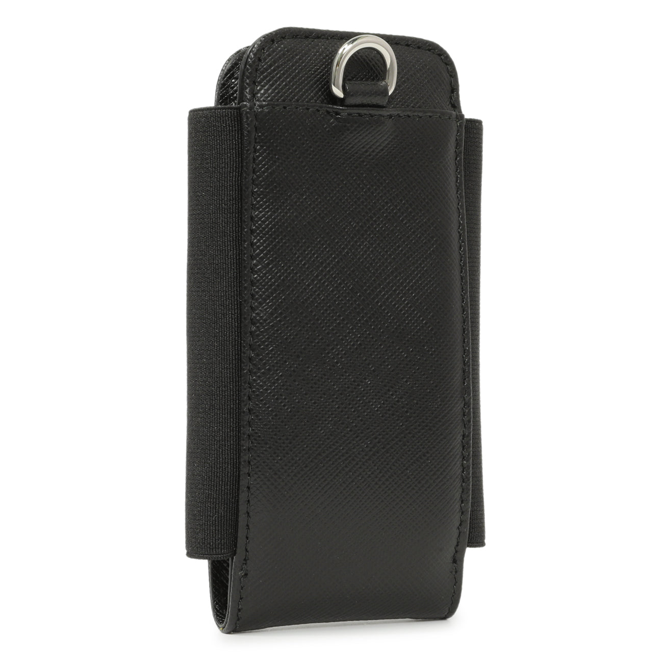 Exclusive Prada Black Saffiano Triangle Lanyard Phone Case — Side View