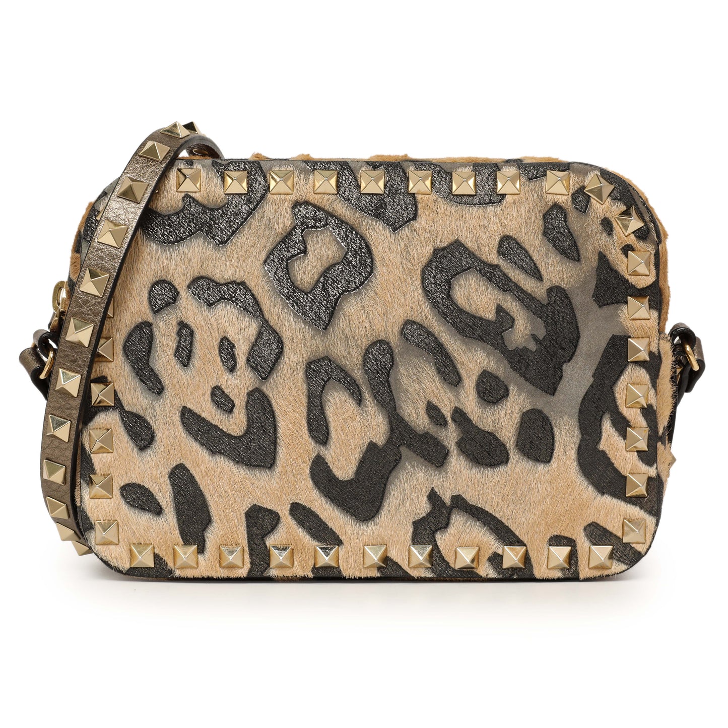Exclusive Valentino Calf Hair Leopard Rockstud Camera Crossbody — Front View