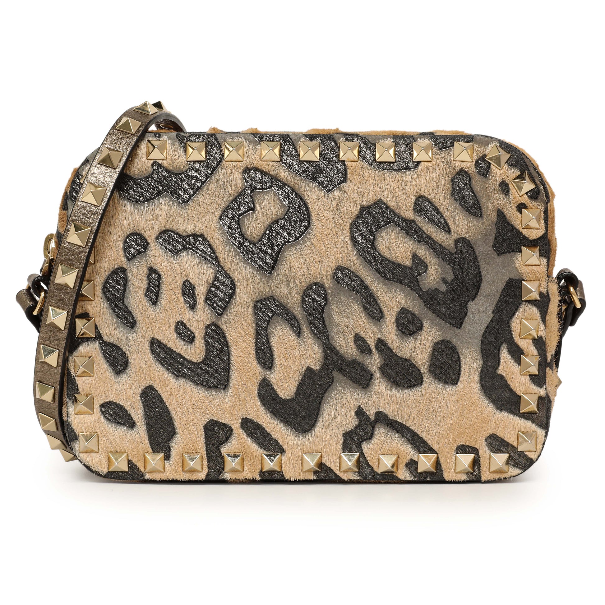 Exclusive Valentino Calf Hair Leopard Rockstud Camera Crossbody — Front View