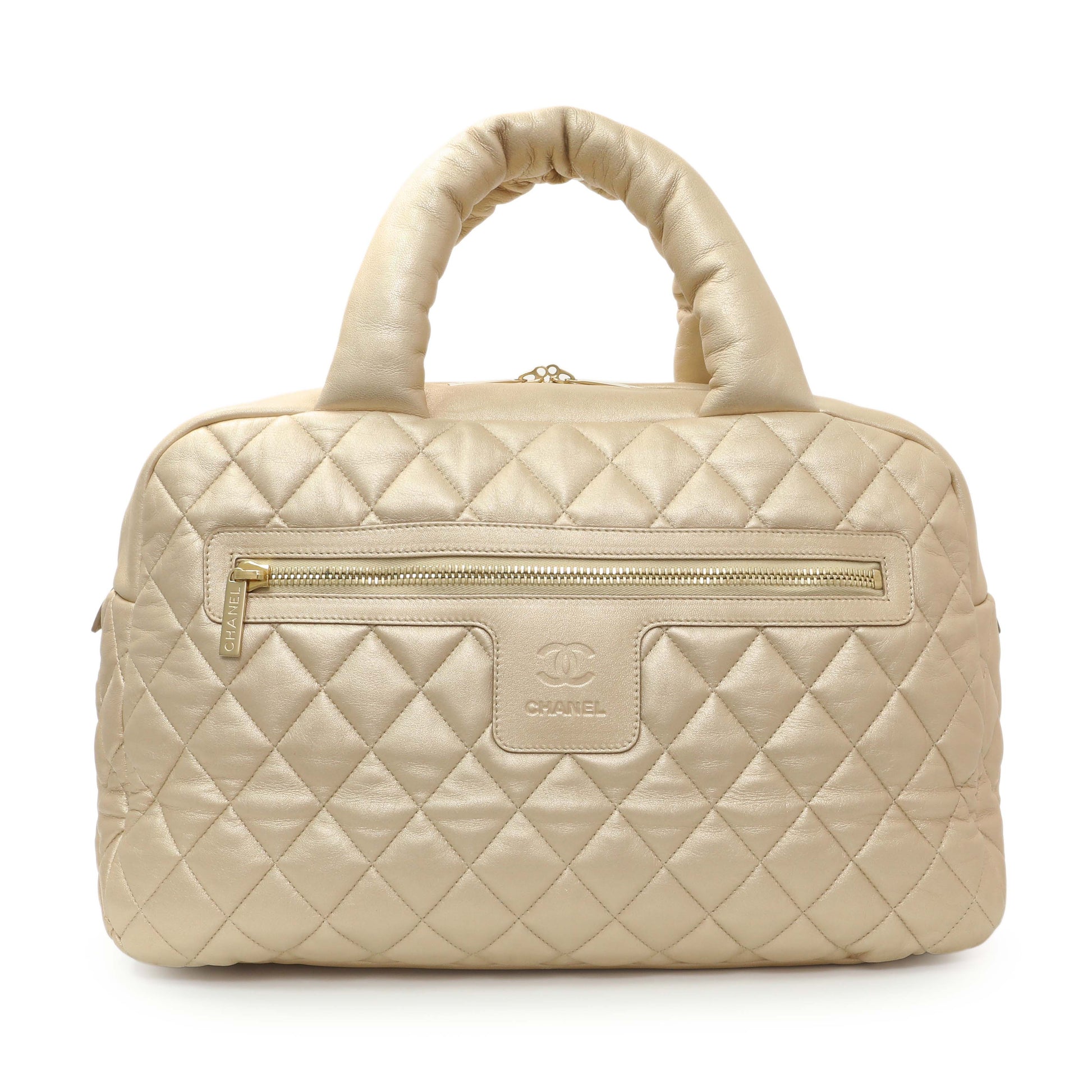 Exclusive Chanel Light Gold Quilted Lambskin Coco Cocoon Bowler — Front View