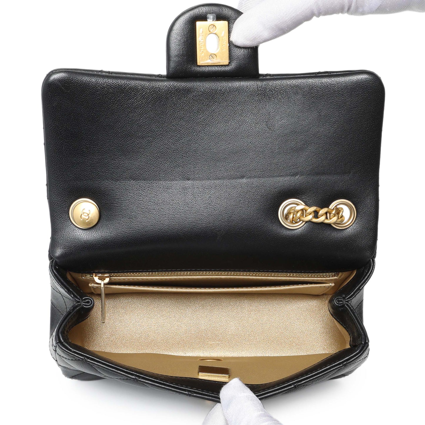 Exclusive Chanel Black Mini Rectangular Flap Bag with Camellia Adjusting Chain — Alternate View 9