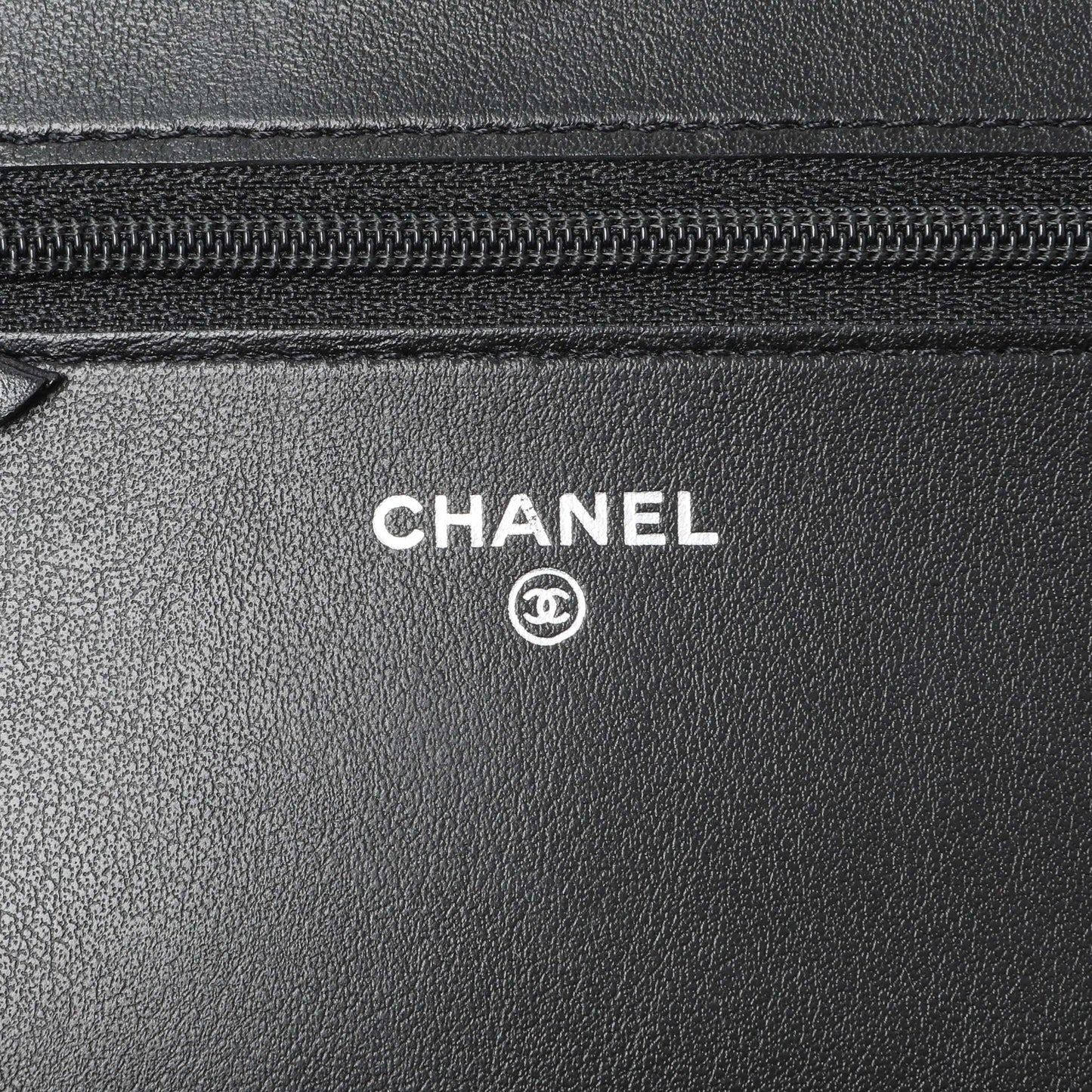 Exclusive Chanel Black Grained Calfskin Chevron Quilted Boy Wallet On Chain — Detail View