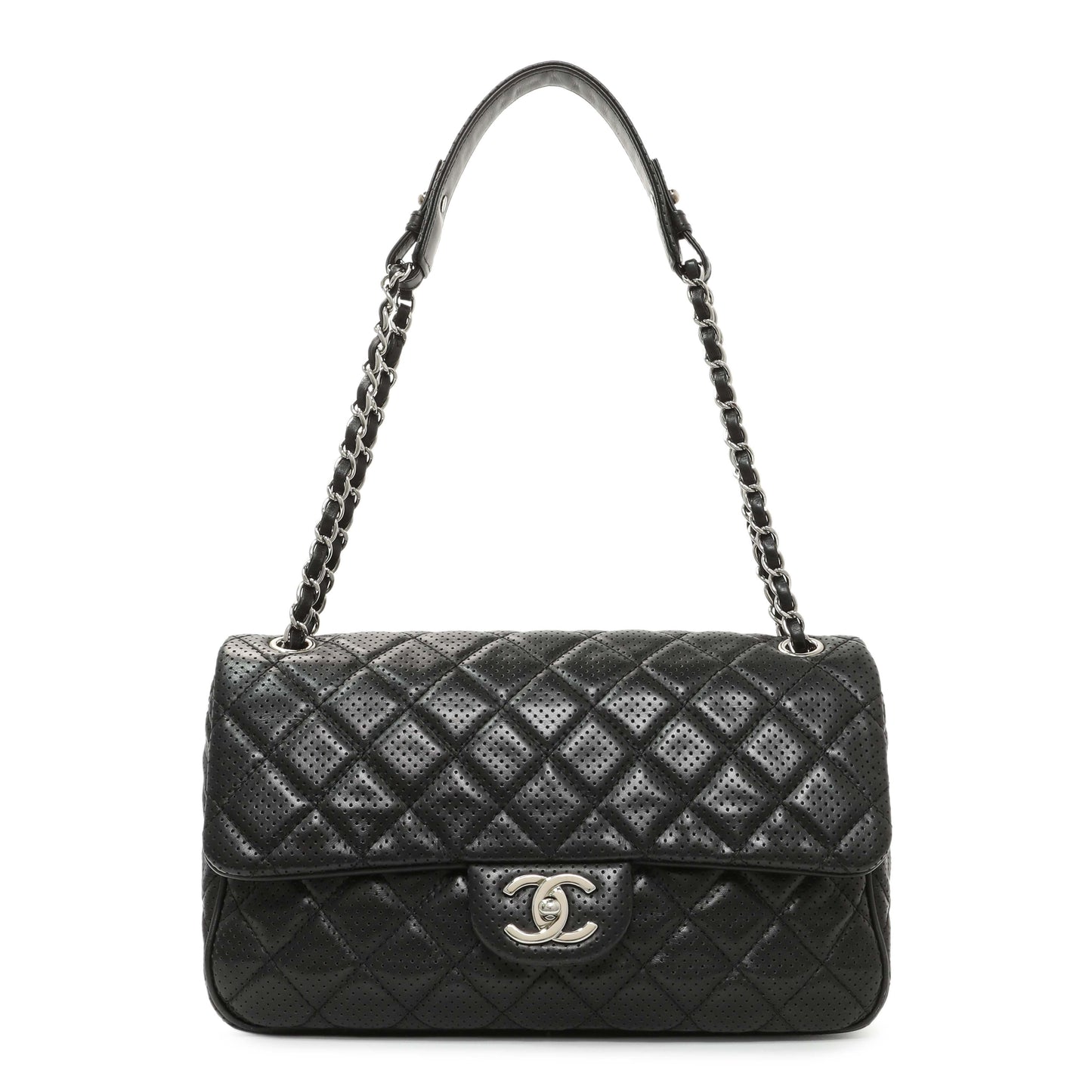 Exclusive Chanel Black Perforated Lambskin Punch Flap — Front View