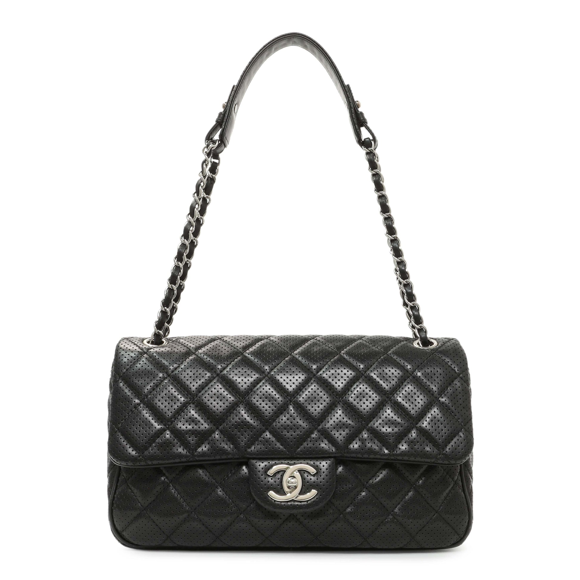 Exclusive Chanel Black Perforated Lambskin Punch Flap — Front View
