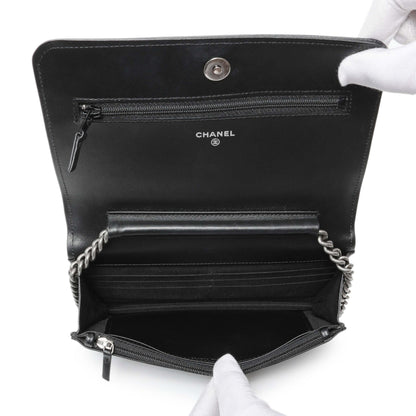 Exclusive Chanel Black Grained Calfskin Chevron Quilted Boy Wallet On Chain — Top View