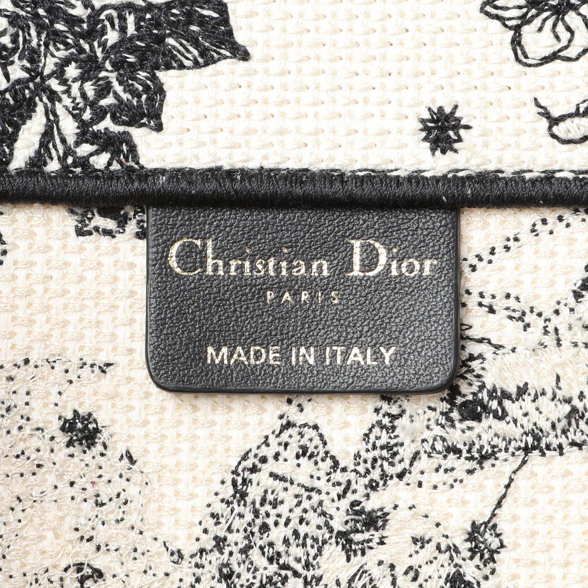 Exclusive Christian Dior Latte and Black Canvas Embroidered Zodiac Toile de Jouy Medium Book Tote — Detail View
