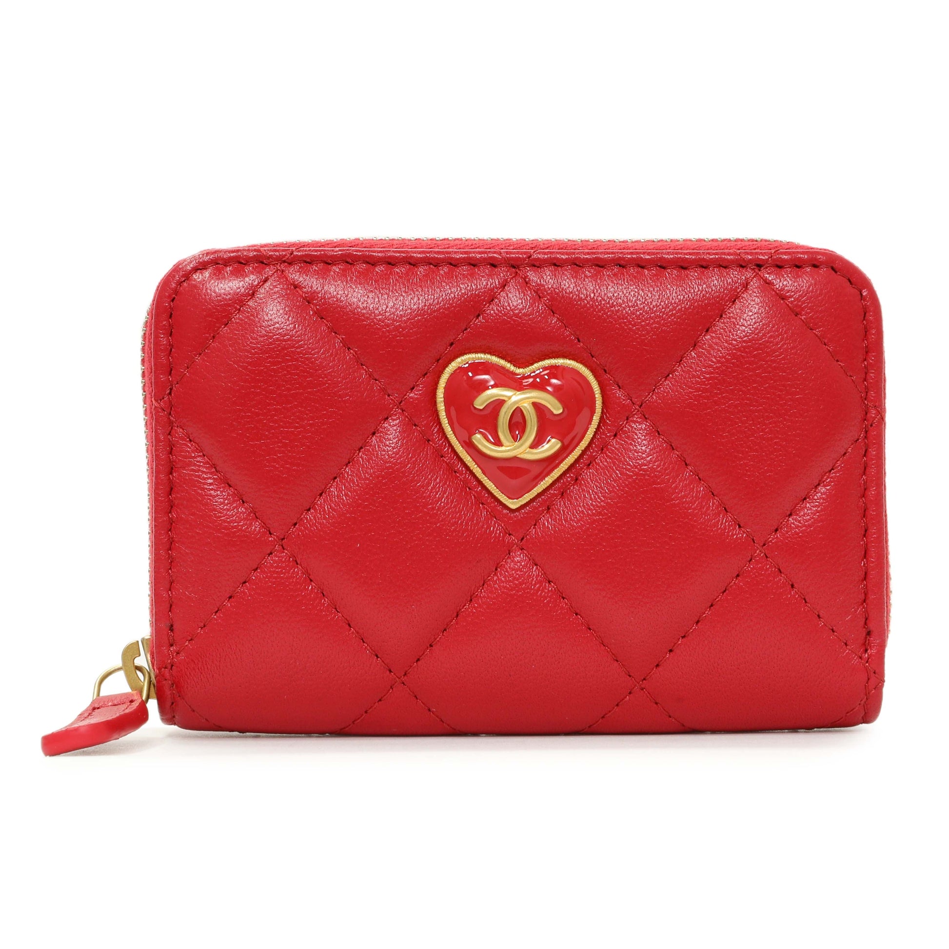 Exclusive Chanel Red Lambskin Coco Love Zip Coin Purse — Front View