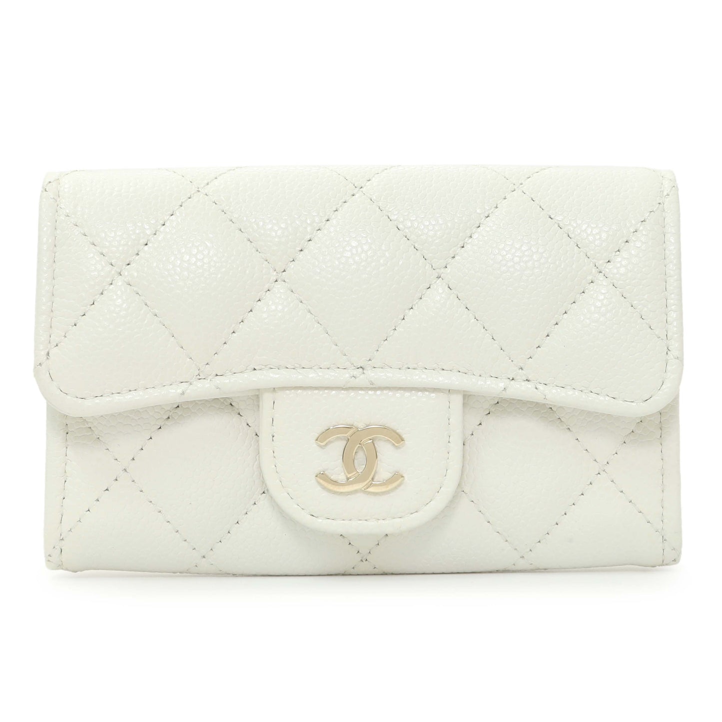 Exclusive Chanel White Quilted Caviar Flap Card Holder — Front View