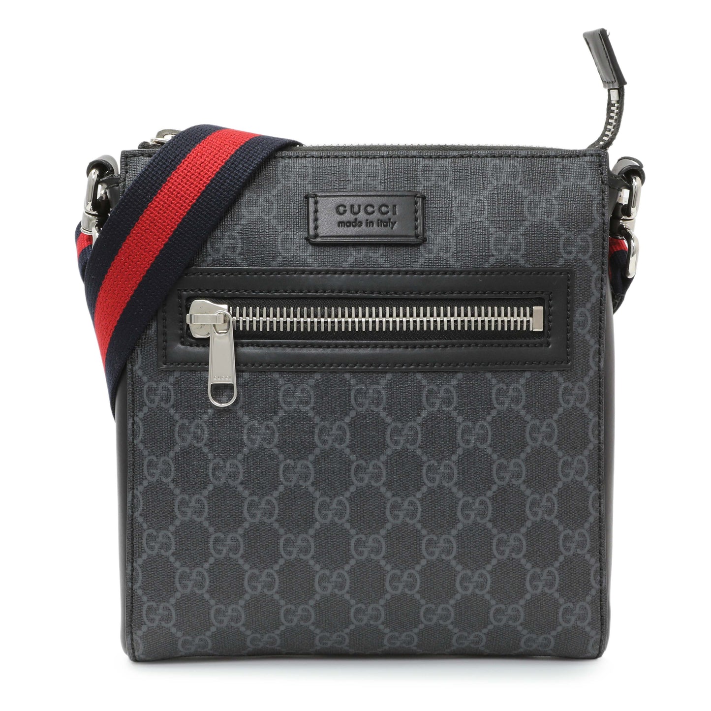 Exclusive Gucci GG Supreme Monogram Web Small Flat Messenger Bag — Front View