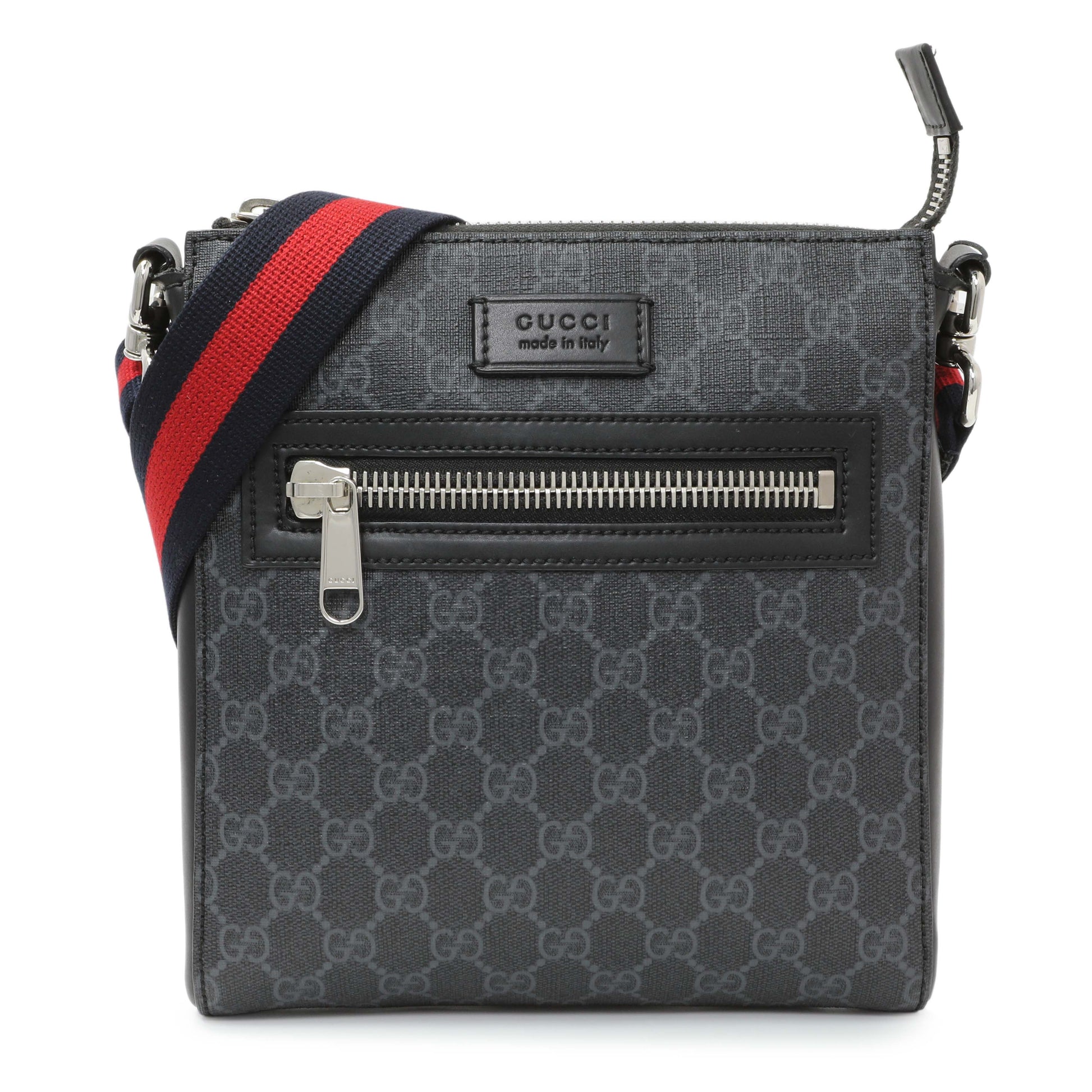 Exclusive Gucci GG Supreme Monogram Web Small Flat Messenger Bag — Front View