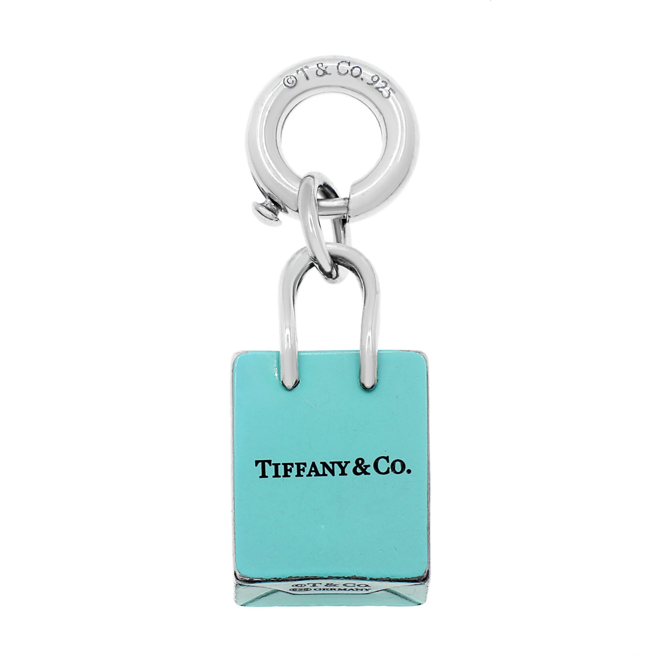 Exclusive Tiffany & Co. Sterling Silver Blue Enamel Shopping Bag Charm — Side View
