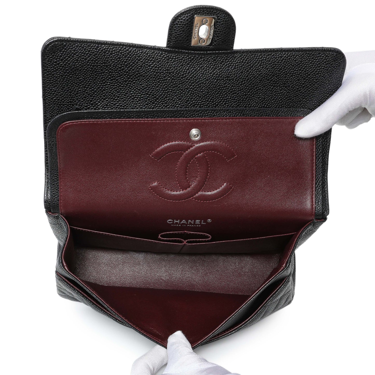 Exclusive Chanel Black Quilted Caviar Medium Double Flap — Top View
