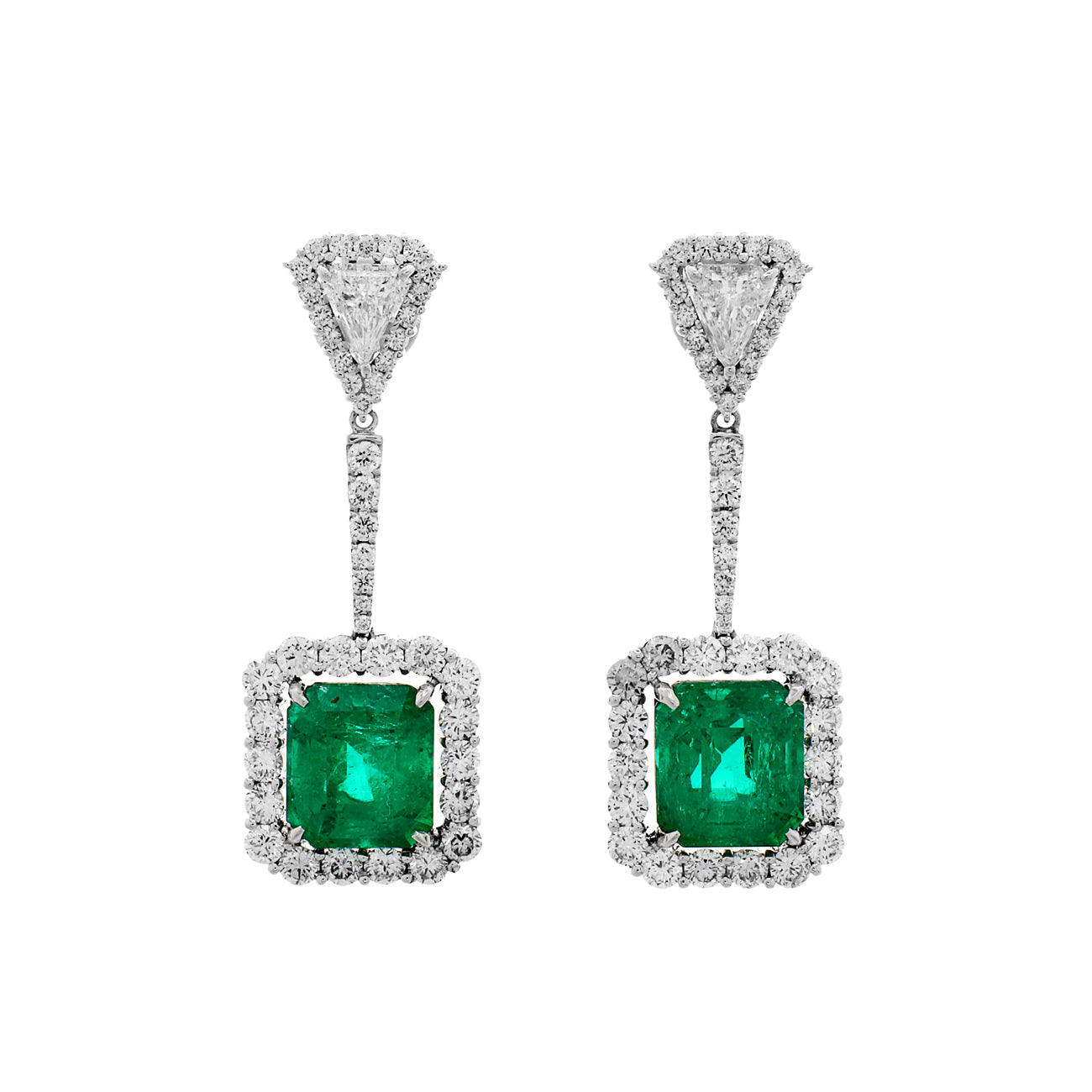 Exclusive 18K White Gold 7.33 Carat Emerald Diamond Earrings — Front View