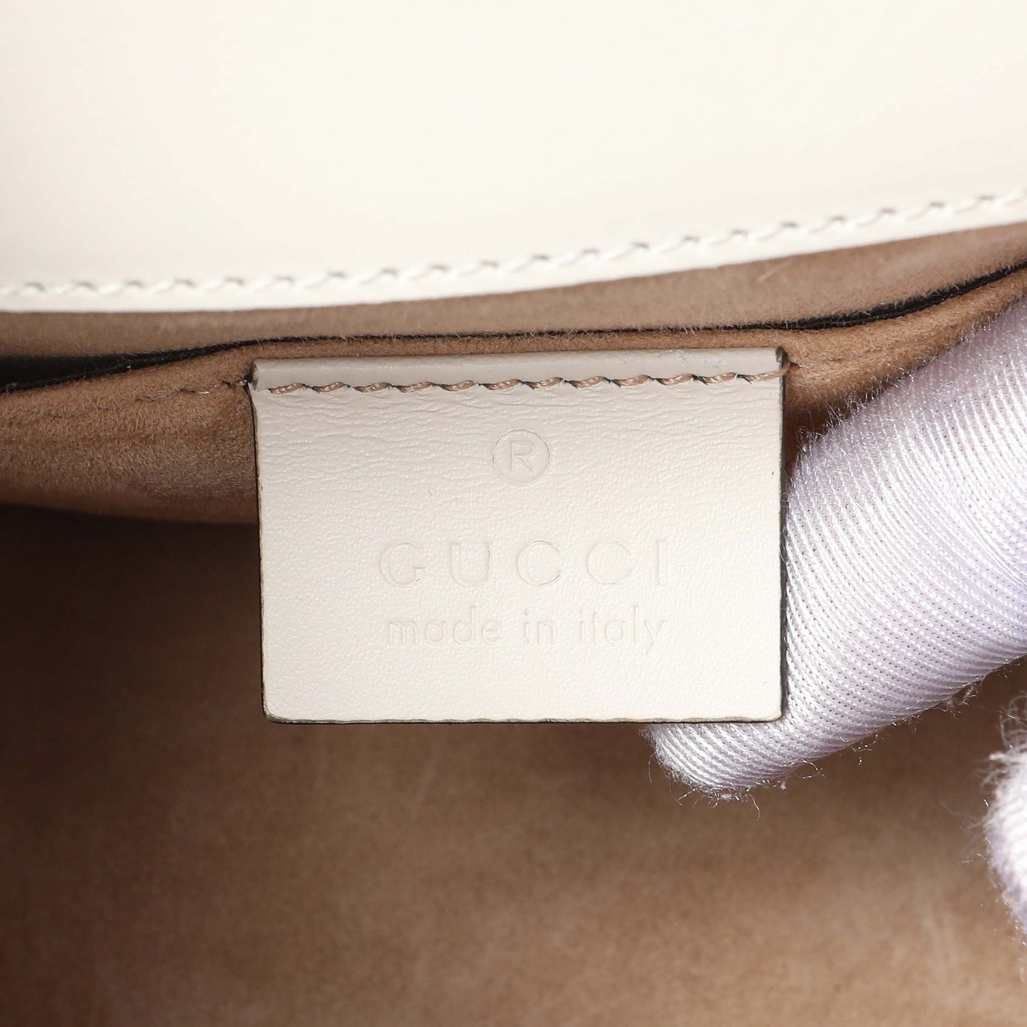Exclusive Gucci White Calfskin Mini Sylvie Top Handle Bag — Detail View
