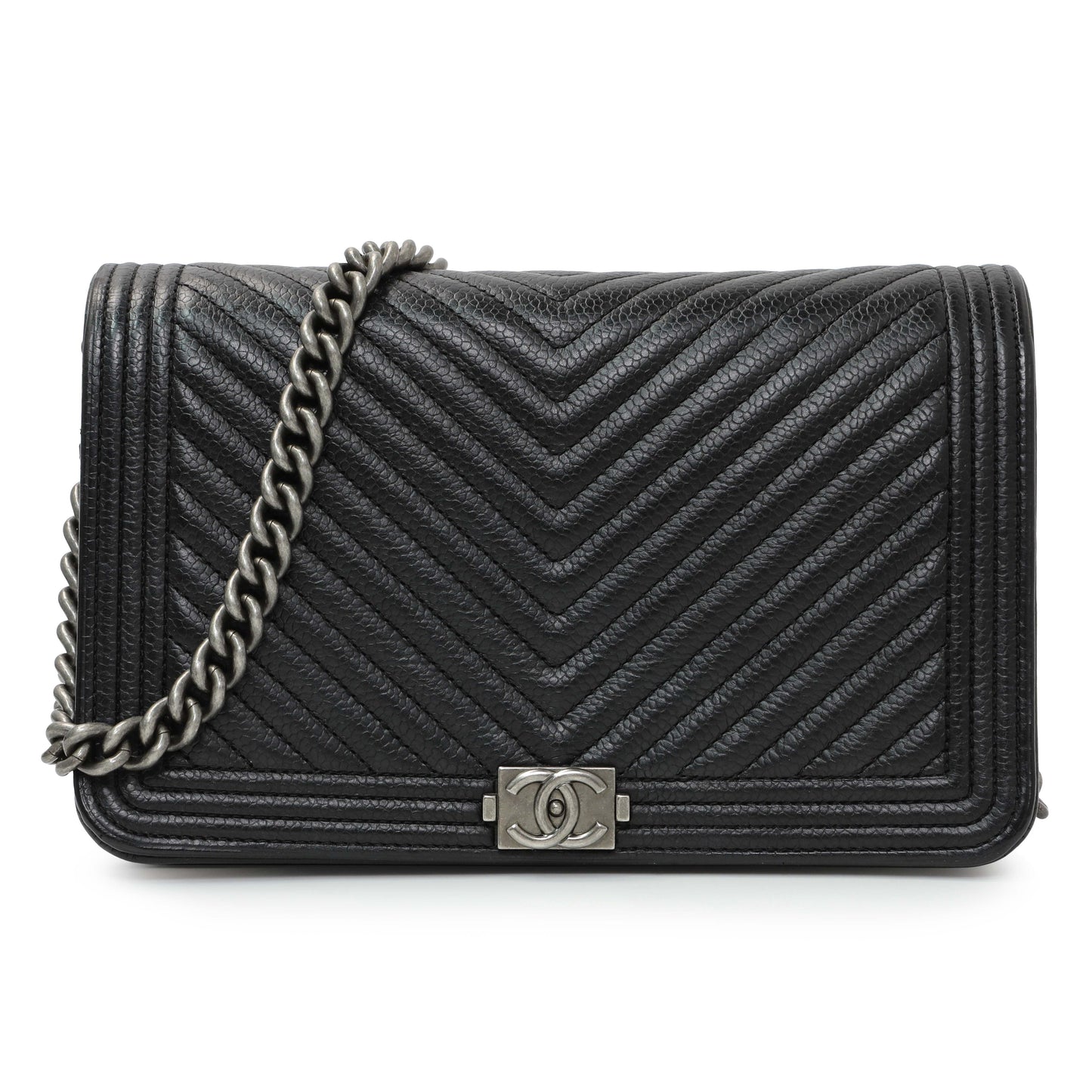 Exclusive Chanel Black Grained Calfskin Chevron Quilted Boy Wallet On Chain — Front View