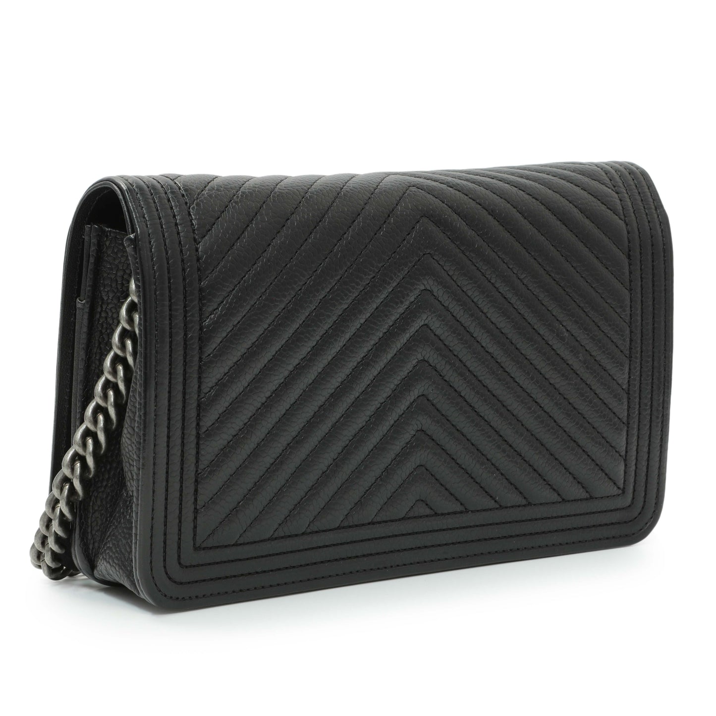 Exclusive Chanel Black Grained Calfskin Chevron Quilted Boy Wallet On Chain — Side View