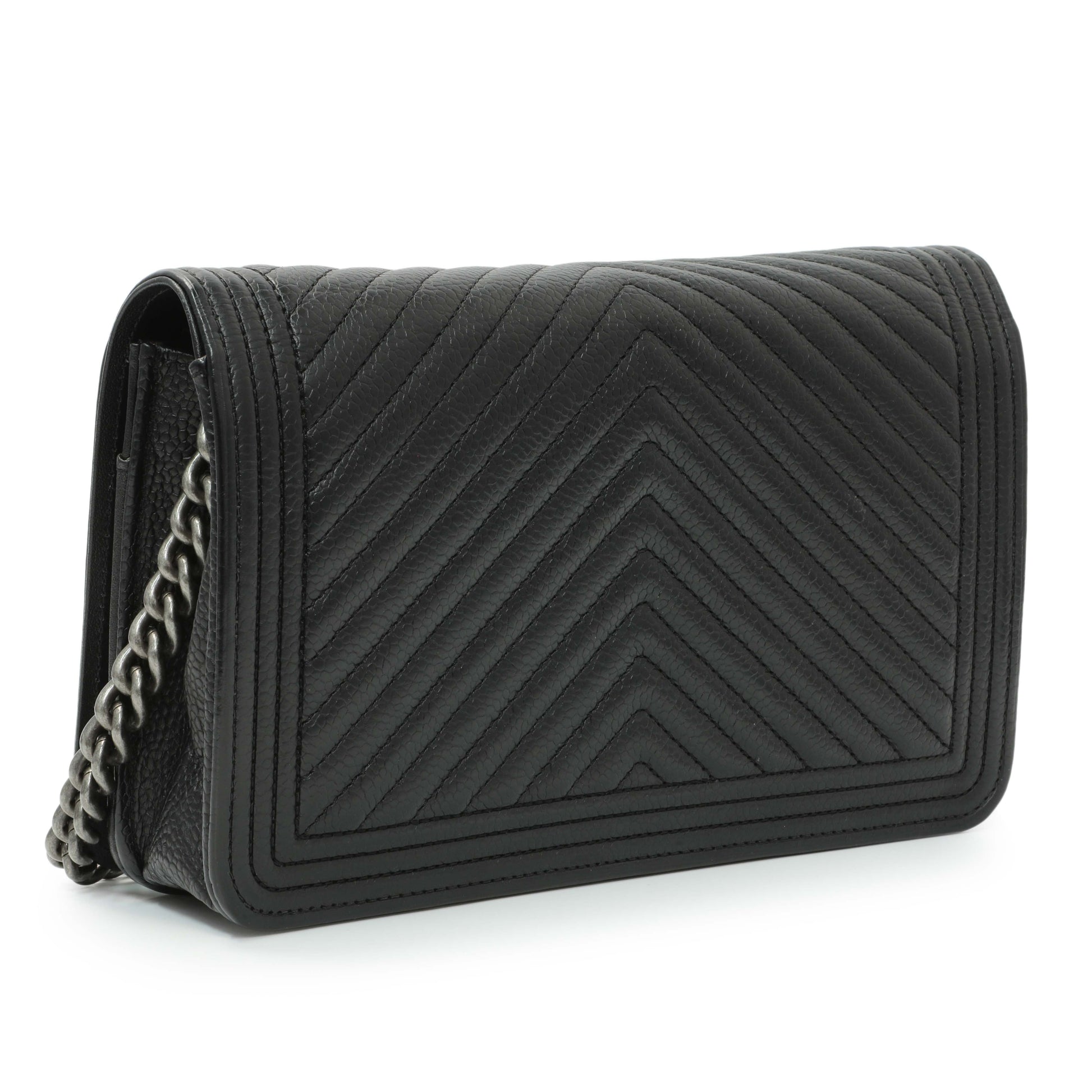 Exclusive Chanel Black Grained Calfskin Chevron Quilted Boy Wallet On Chain — Side View