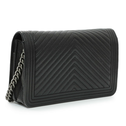 Exclusive Chanel Black Grained Calfskin Chevron Quilted Boy Wallet On Chain — Side View
