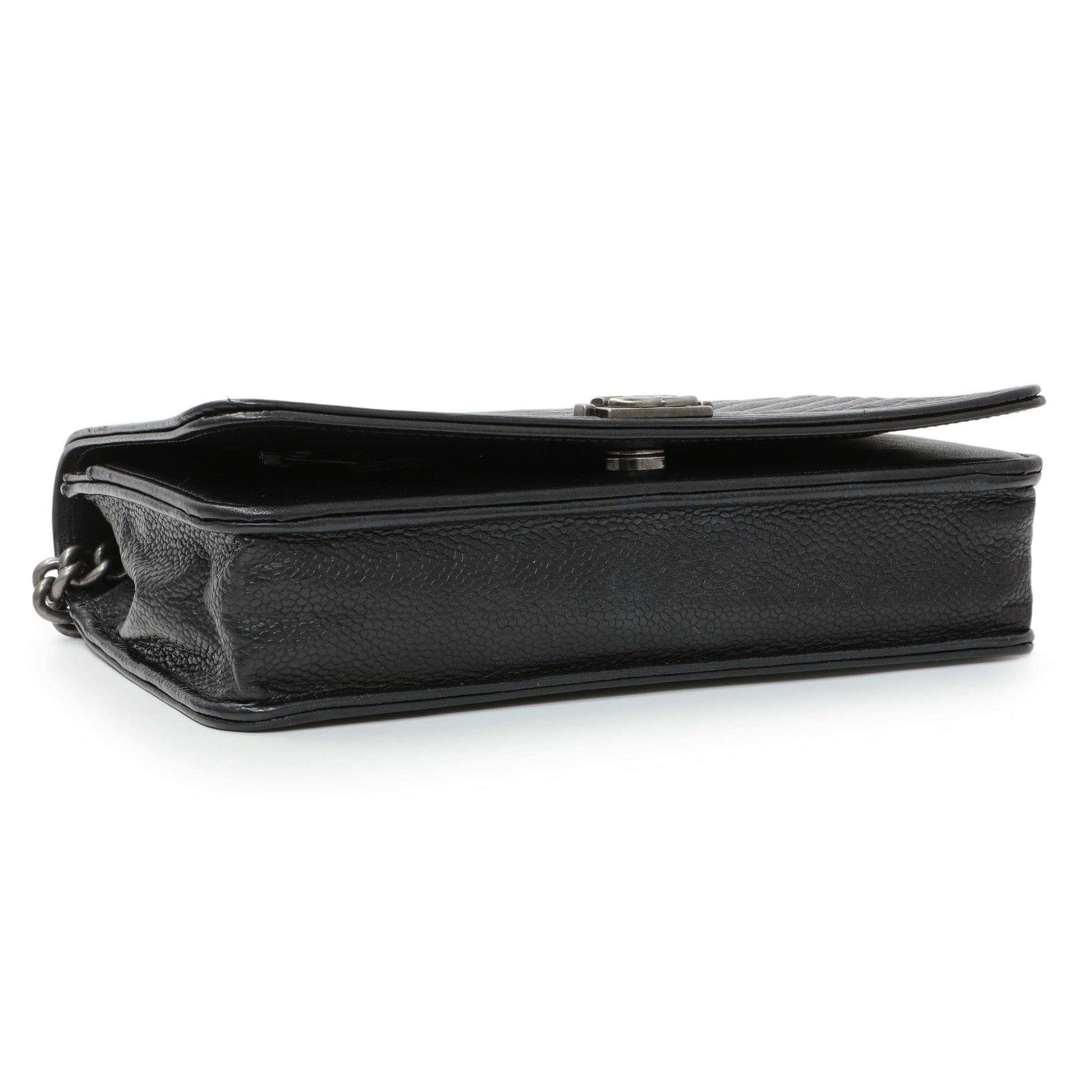 Exclusive Chanel Black Grained Calfskin Chevron Quilted Boy Wallet On Chain — Back View