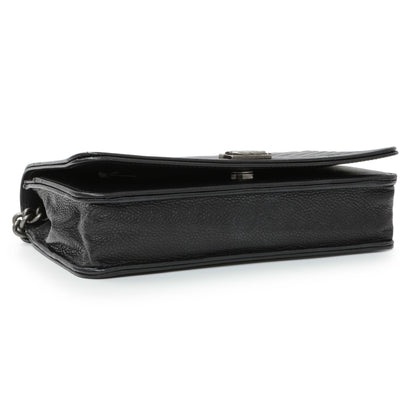 Exclusive Chanel Black Grained Calfskin Chevron Quilted Boy Wallet On Chain — Back View