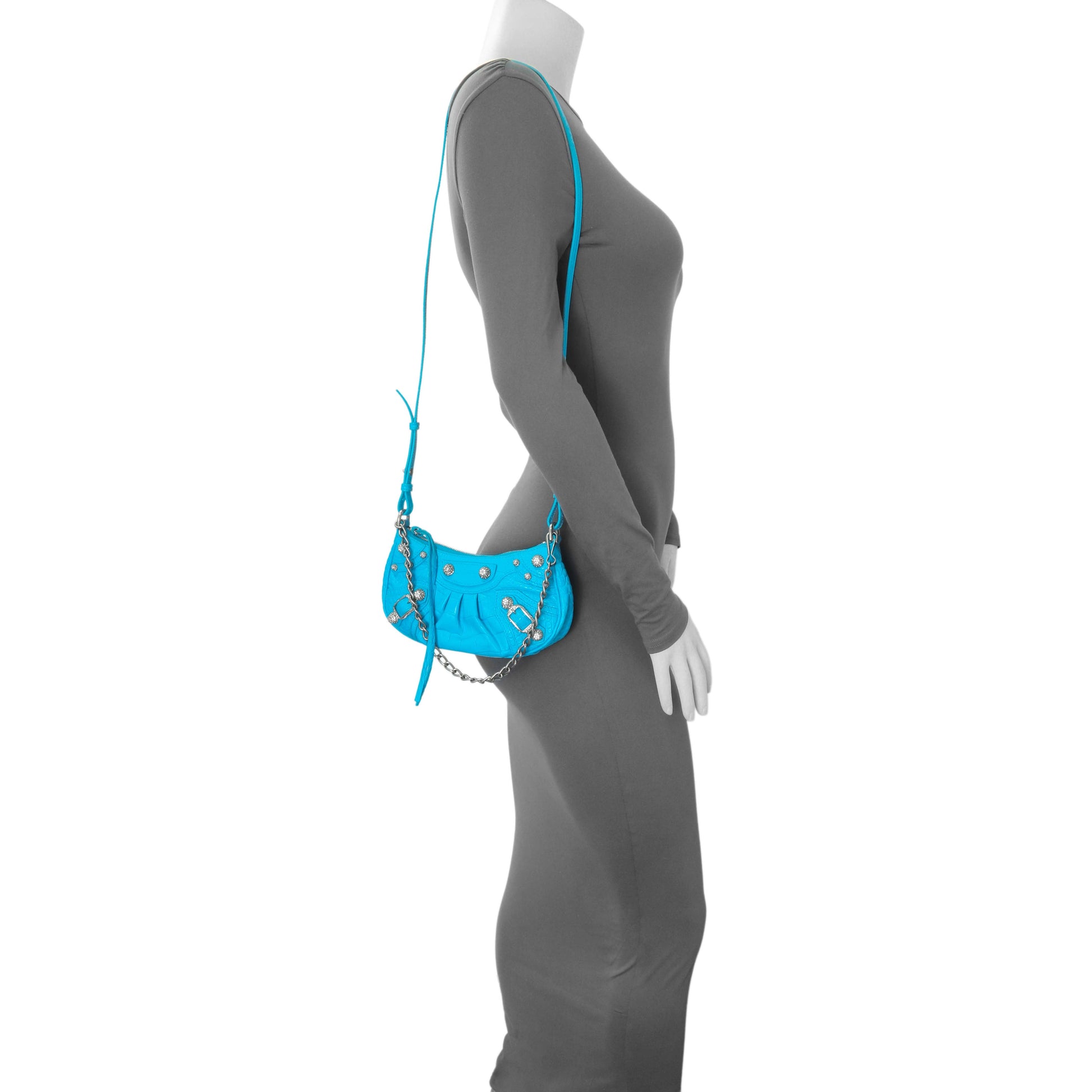 Exclusive Balenciaga Blue Crocodile Embossed Calfskin Crystal Le Cagole Mini Purse With Chain — Alternate View 7