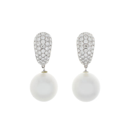 Exclusive 18K White Gold 12.6mm South Sea Pearl Diamond Earrings — Front View