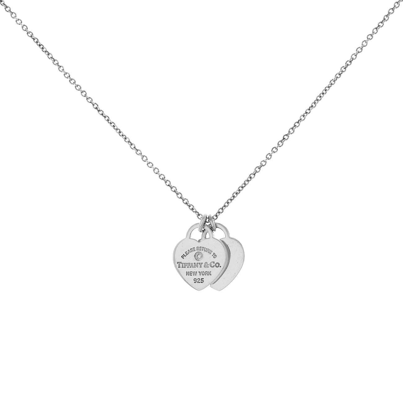 Exclusive Tiffany & Co. Sterling Silver Diamond Mini Return to Tiffany Double Heart Necklace — Front View