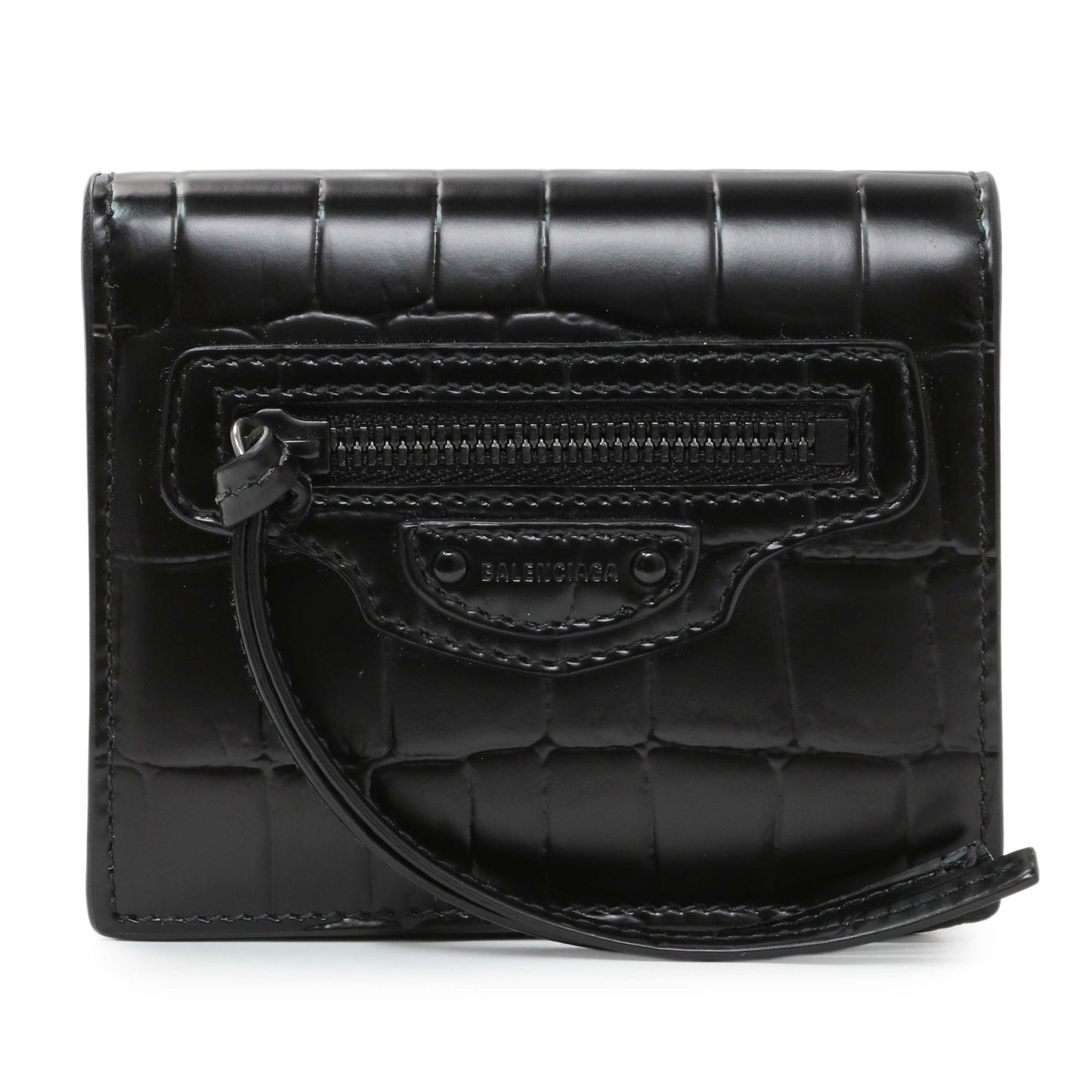 Exclusive Balenciaga Black Crocodile Embossed Wallet — Front View