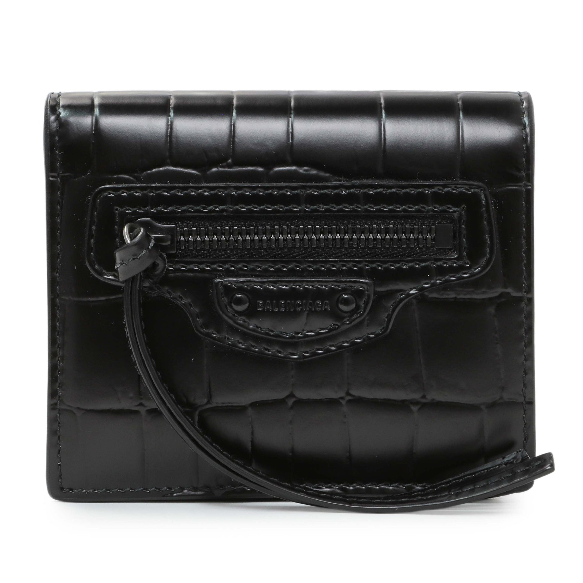Exclusive Balenciaga Black Crocodile Embossed Wallet — Front View