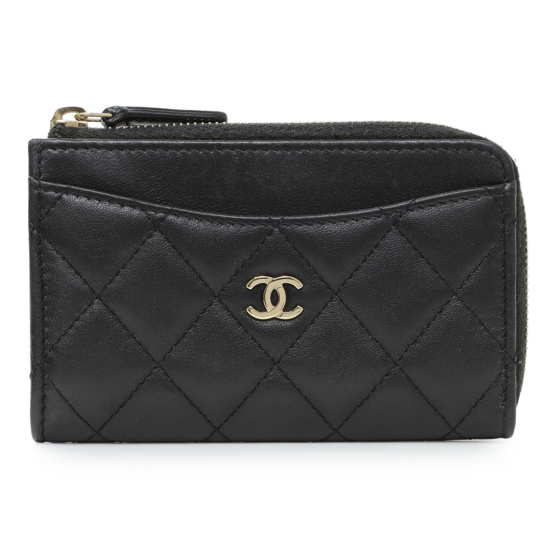 Exclusive Chanel Black Quilted Lambskin CC Zip Around Card Holder — Front View