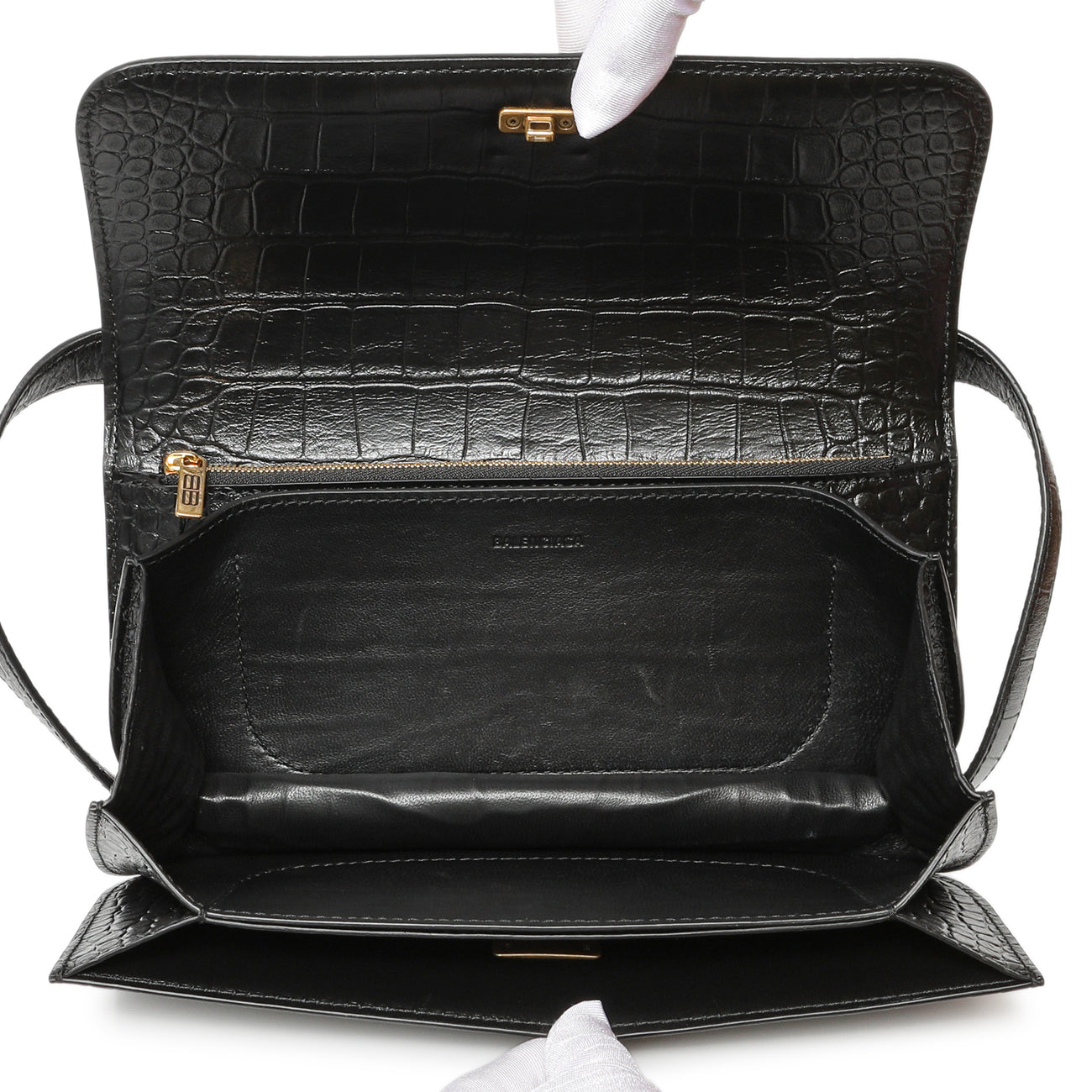 Exclusive Balenciaga Black Crocodile Embossed Small Gossip Bag — Detail View