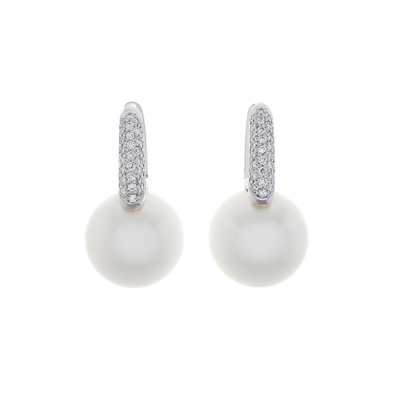 Exclusive Mikimoto 18K White Gold Diamond Classic Elegance White South Sea Cultured Pearl Earrings — Front View