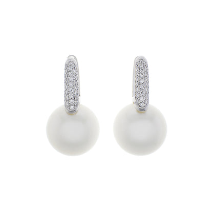 Exclusive Mikimoto 18K White Gold Diamond Classic Elegance White South Sea Cultured Pearl Earrings — Front View