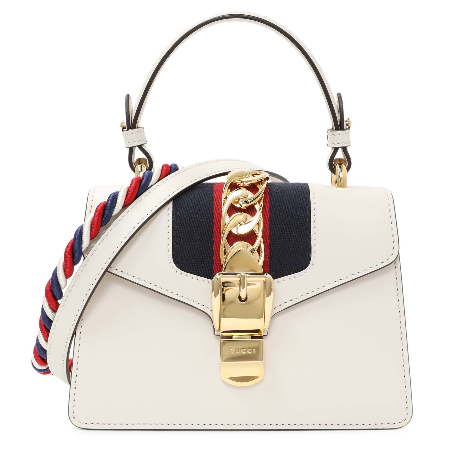Exclusive Gucci White Calfskin Mini Sylvie Top Handle Bag — Front View