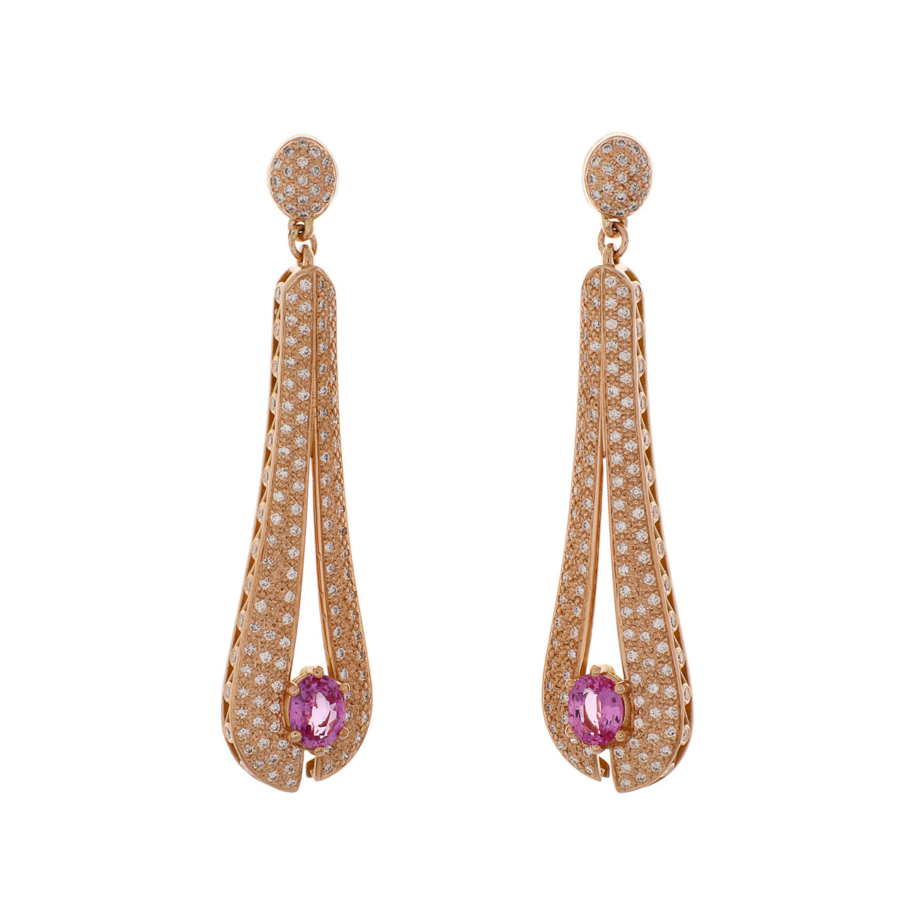 Exclusive 14K Rose Gold 3.22 Carat Pink Sapphire Earrings — Front View