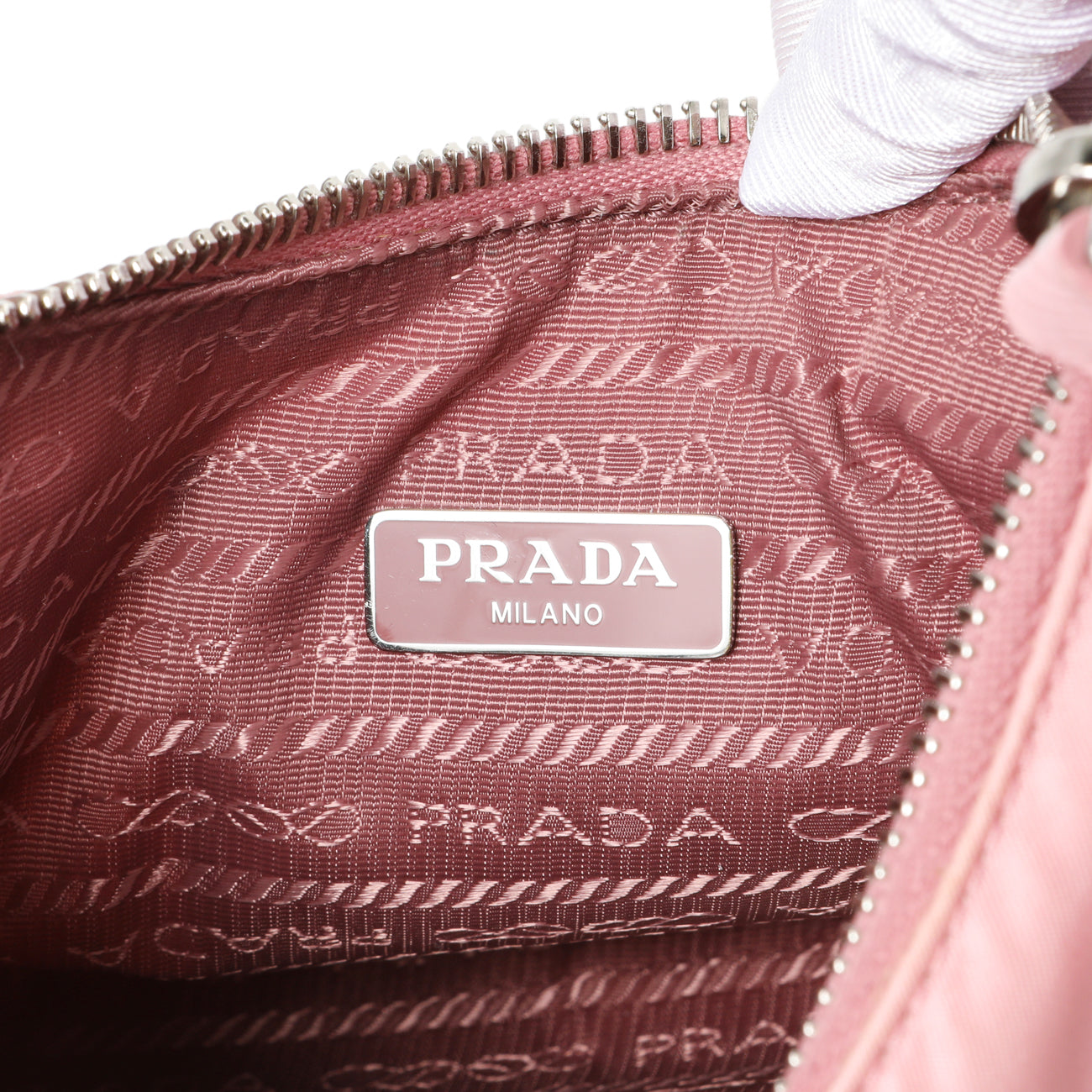 Exclusive Prada Rosa Tessuto Nylon Saffiano Mini Re-Edition 2005 Bag — Detail View