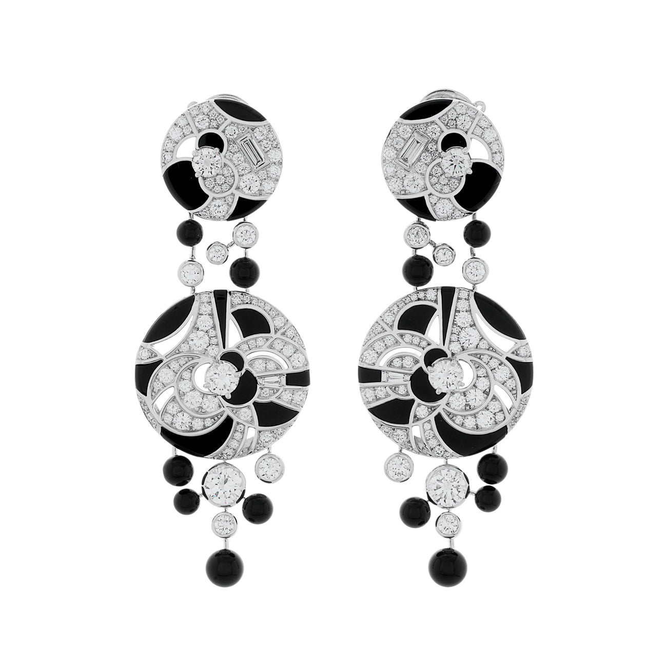 Exclusive Chanel 18K White Gold Diamond Onyx Cafe Society Midnight Earrings — Front View