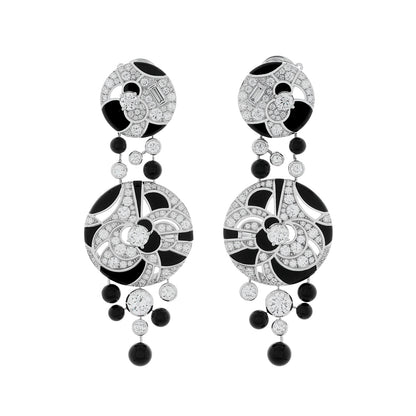 Exclusive Chanel 18K White Gold Diamond Onyx Cafe Society Midnight Earrings — Front View